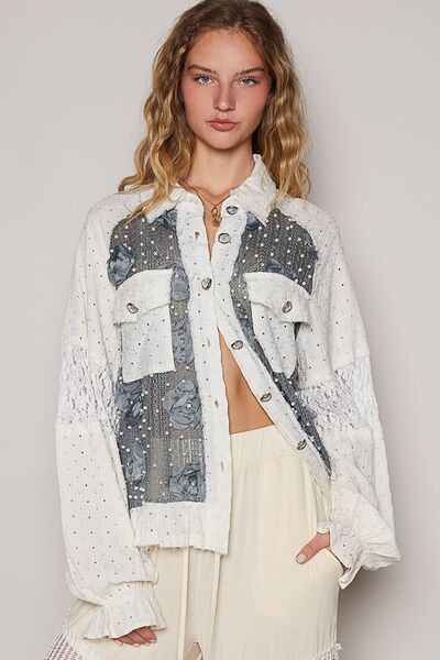 POL Eyelet Flower Pearl Detail Lace Patchwork Shirt Charcoal Cream Blouses