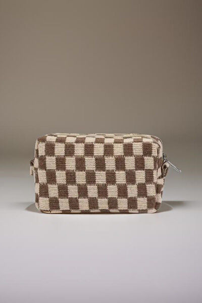 Zenana Checkered Pattern Knitted Cosmetic Pouch Mocha One Size Bags