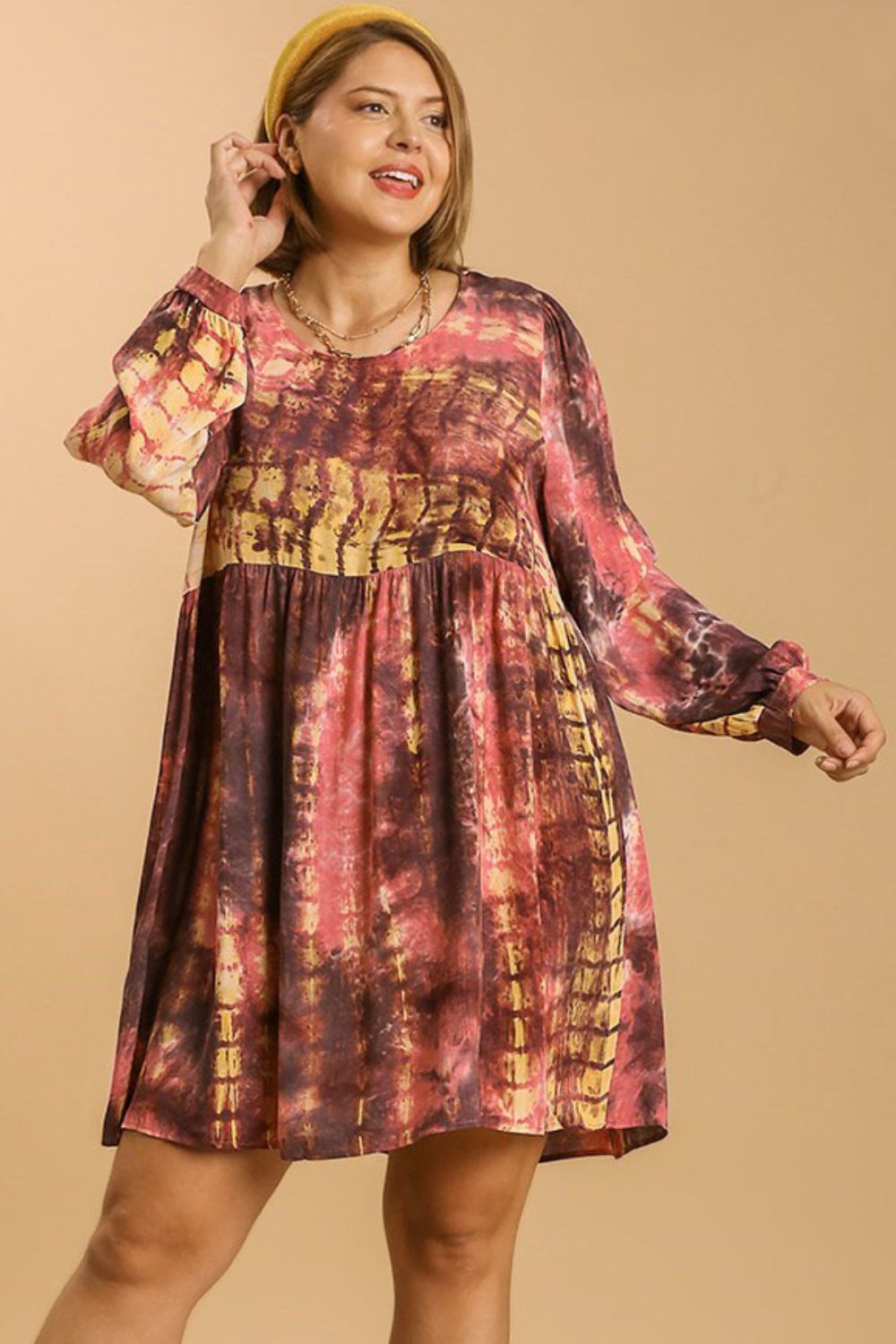 Umgee Full Size Tie Dye Long Sleeve Babydoll Dress with Keyhole Plus Size Casual Dresses