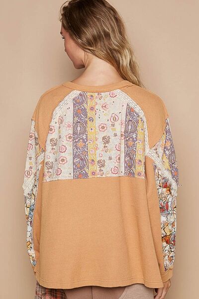 POL Waffle-Knit Lace Detail Round Neck Top Hoodies & Sweaters