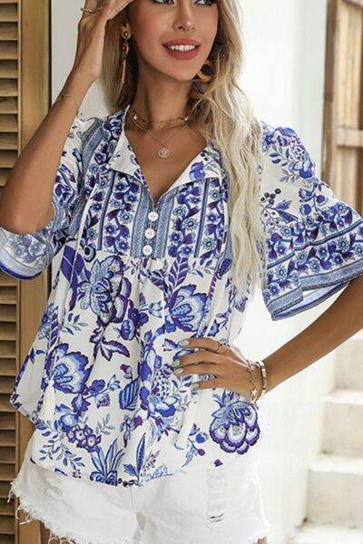 Perfee Printed Flounce Sleeve Blouse - Stylish Buttoned Design - Shop Style & More | Fresh Looks, Everyday Deals & Free Shipping