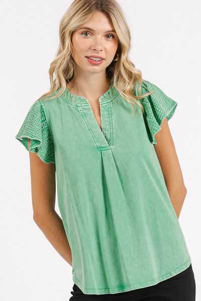 Mittoshop Mix Media Ruffle Short Sleeve Mineral Wash Top Blouses