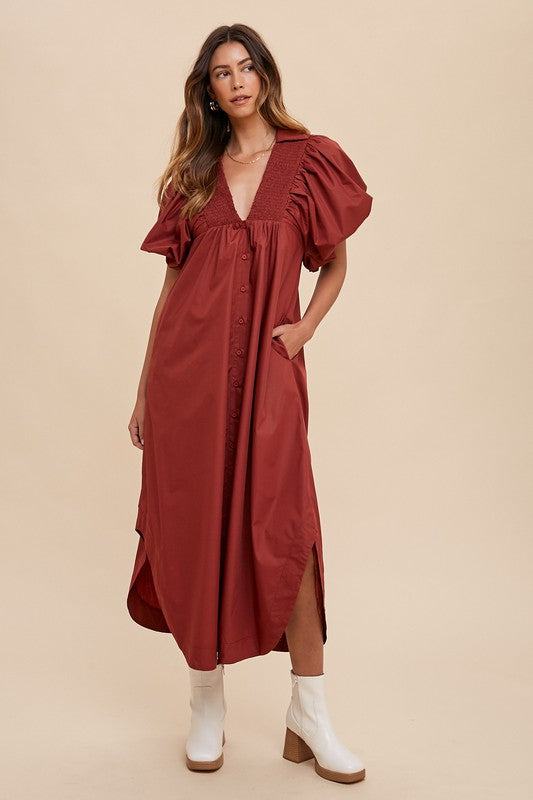 Annie Wear Smocked Puff Sleeve Midi Dress Burgundy Casual Dresses