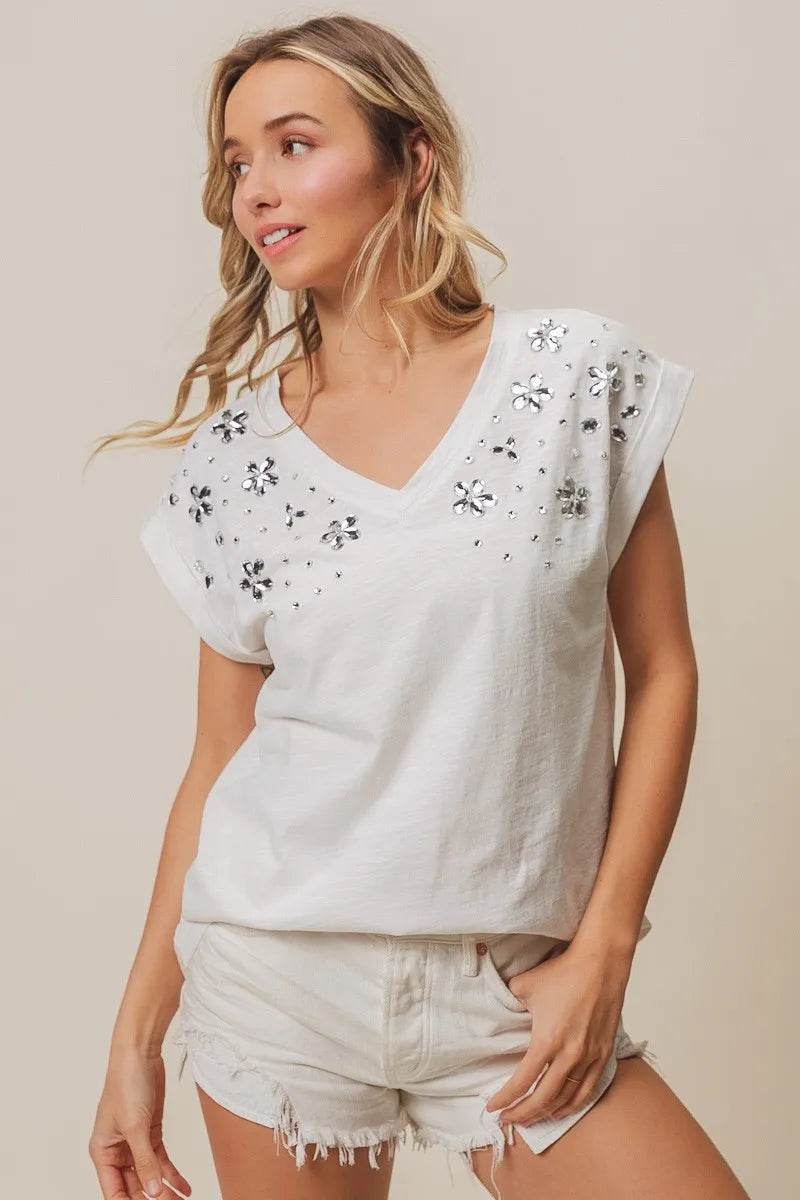 BiBi Slub Jersey Rhinestone V Neck Top - Shop Style & More | Fresh Looks, Everyday Deals & Free Shipping