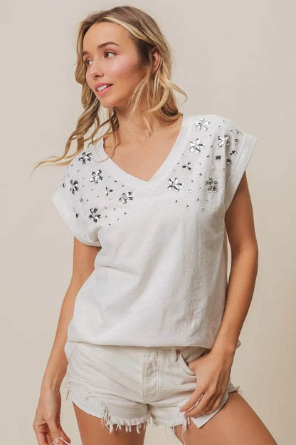BiBi Slub Jersey Rhinestone V Neck Top - Shop Style & More | Fresh Looks, Everyday Deals & Free Shipping