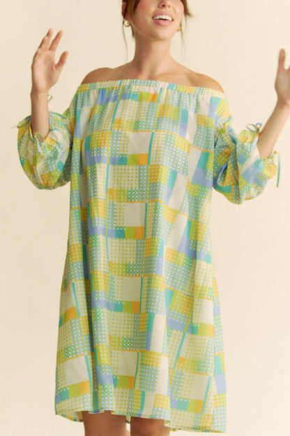 Davi & Dani Printed Off Shoulder Drawstring Sleeve Mini Dress - Shop Style & More | Fresh Looks, Everyday Deals & Free Shipping
