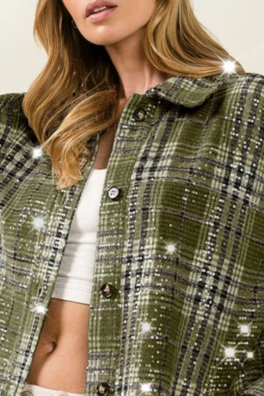 BiBi Allover Clear Sequins Vintage Plaid Jacket Women's Outerwear