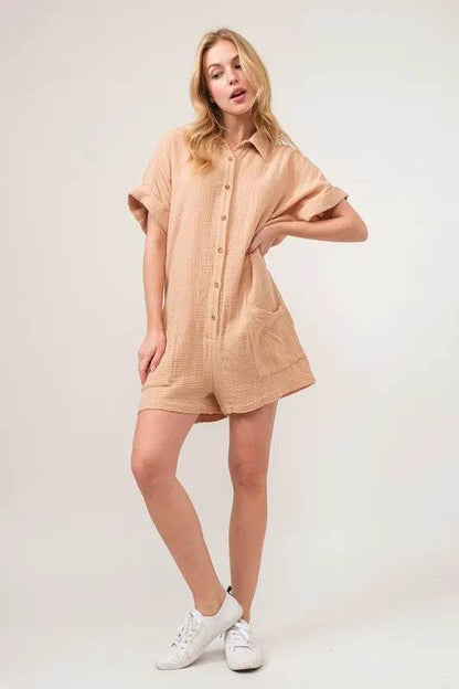 And The Why Washed Gauze Roll-up Sleeve Comfort Utility Romper - Shop Style & More | Fresh Looks, Everyday Deals & Free Shipping