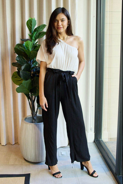 Dress Day Marvelous in Manhattan One-Shoulder Jumpsuit in White/Black - Shop Style & More | Fresh Looks, Everyday Deals & Free Shipping