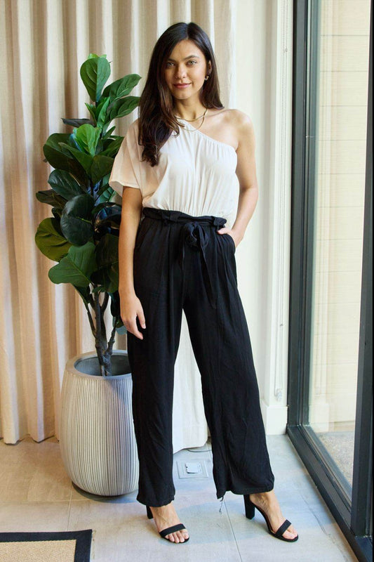 Dress Day Marvelous in Manhattan One-Shoulder Jumpsuit in White/Black - Shop Style & More | Fresh Looks, Everyday Deals & Free Shipping