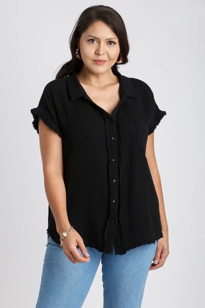 Umgee Full Size Frayed Hem Collared Neck Short Sleeve Shirt Plus Size Blouses