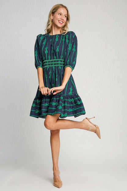 Umgee Ribbon Print Frill Contrast Velvet Trim Half Sleeve Dress Casual Dresses