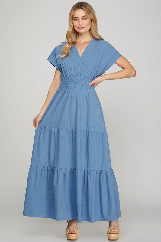 She + Sky Surplice Short Sleeve Tiered Maxi Dress With Pockets - Shop Style & More | Fresh Looks, Everyday Deals & Free Shipping