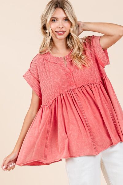 Mittoshop Mixed Media Mineral Wash Babydoll Short Sleeve Blouse Coral Blouses