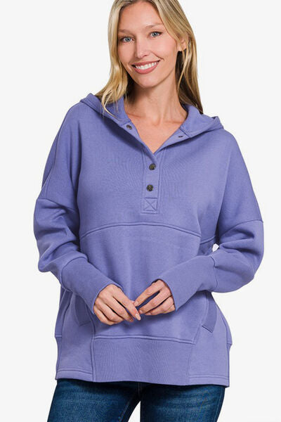 Zenana Half Snap Long Sleeve Hoodie with Kangaroo Pocket Blue Purple Hoodies & Sweaters