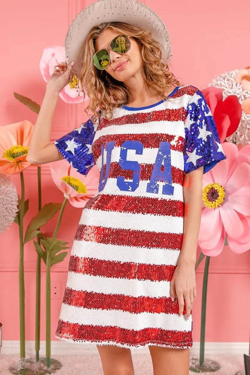 BiBi American Flag Theme Usa Print Sequin Dress - Shop Style & More | Fresh Looks, Everyday Deals & Free Shipping