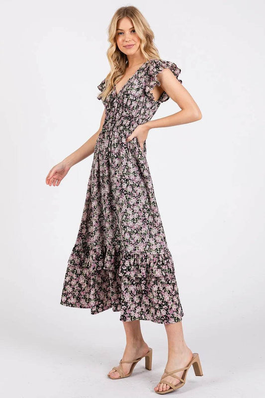 Mittoshop Flower Print Ruffle Cap Sleeve V-neck Midi Dress - Shop Style & More | Fresh Looks, Everyday Deals & Free Shipping