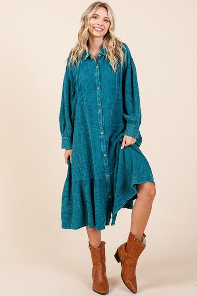 Mittoshop Mineral Wash Cotton Gauze Ruffle Midi Shirt Dress Topaz Blue Casual Dresses