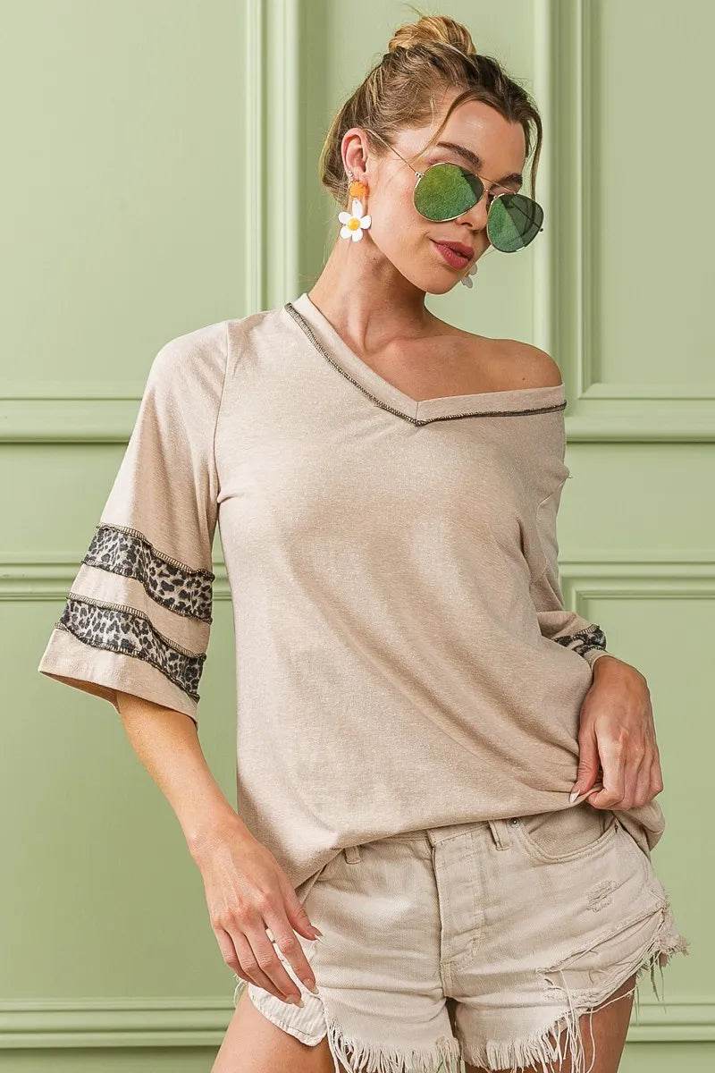 BiBi Triblend Knit Top with Leopard Band Detail - Shop Style & More | Fresh Looks, Everyday Deals & Free Shipping