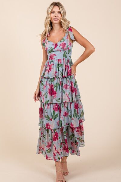 Mittoshop Layered Floral Sweetheart Neck Maxi Dress Casual Dresses