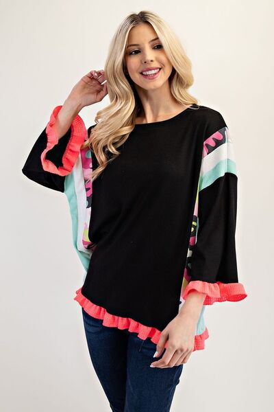 Celeste Full Size Ruffle Sleeve Color Block Top Plus Size Blouses