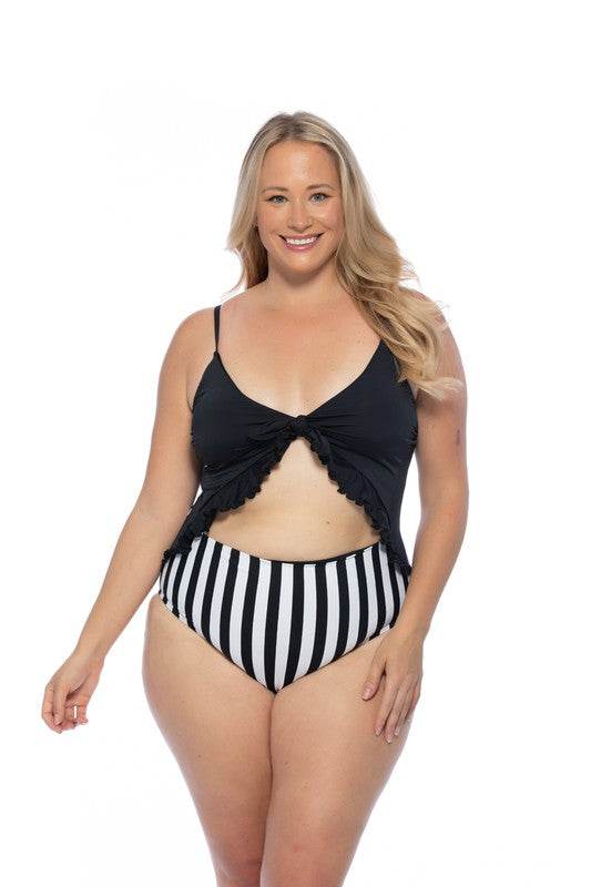 BLACK AND STRIPED CUTOUT ONE PIECE SWIMSUIT - Shop Style & More | Fresh Looks, Everyday Deals & Free Shipping