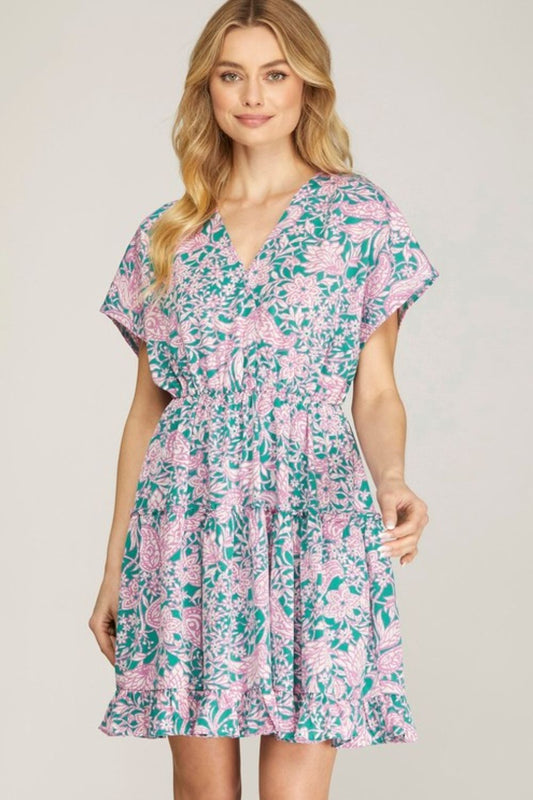 She + Sky Full Size Ruffled Hem Printed Surplice Kimono Sleeve Mini Dress Plus Size Turquoise Casual Dresses