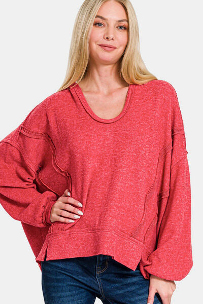 Zenana Brushed Hacci Exposed Seam Hoodie Red Hoodies & Sweaters