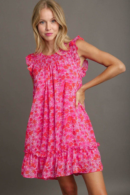 Umgee Full Size Smocked Detail Floral Metallic Ruffle Cap Sleeve Dress Plus Size - Shop Style & More | Fresh Looks, Everyday Deals & Free Shipping