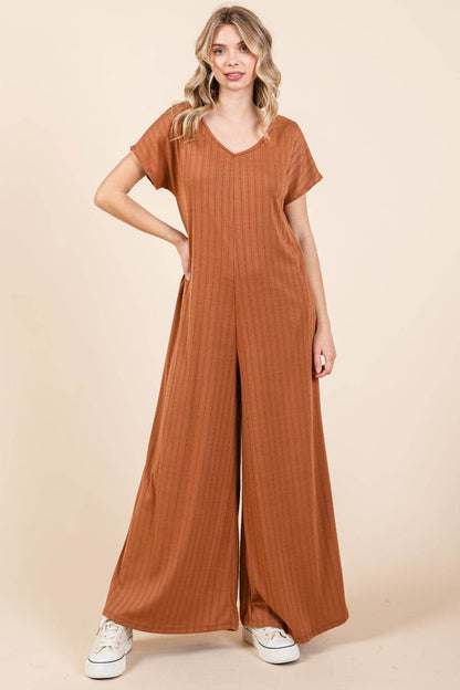 BOMBOM Ribbed Short Sleeve Wide Leg Jumpsuit - Shop Style & More | Fresh Looks, Everyday Deals & Free Shipping