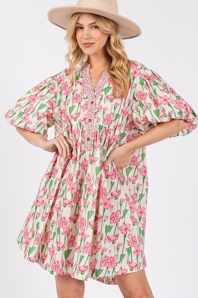 SAGE + FIG Floral Half Button Notched Puff Sleeve Dress Casual Dresses