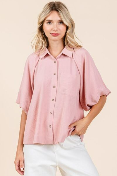 Mittoshop Airflow Short Bubble Sleeve Button Down Shirt Rose Wood Blouses