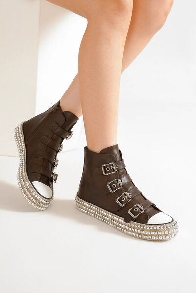 Beast Fashion Multi-Buckle Straps Studded Platform Sneakers Dark Brown Sneakers