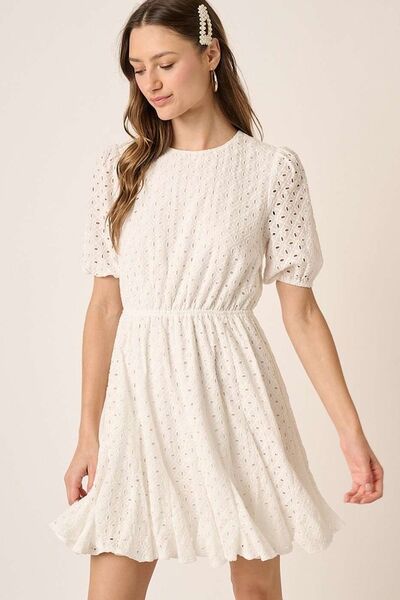 Mittoshop Eyelet Round Neck Puff Sleeve Mini Dress White Casual Dresses