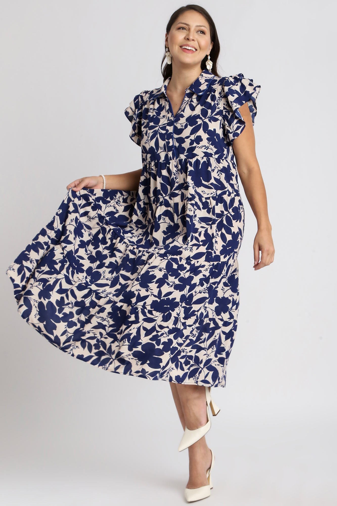 Umgee Full Size Floral Collared Ruffle Cap Sleeve Midi Dress Plus Size Casual Dresses