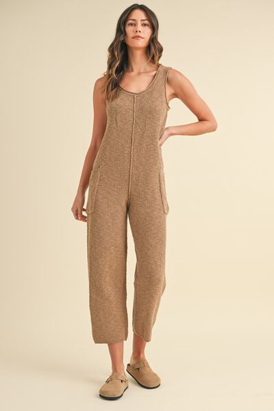 MABLE Sleeveless Knit Crop Jumpsuit with Pockets Mocha Jumpsuits