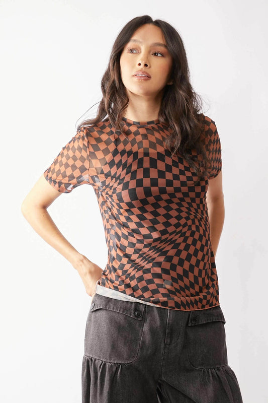 Davi & Dani Checker Board Printed Mesh Short Sleeve Top - Shop Style & More | Fresh Looks, Everyday Deals & Free Shipping