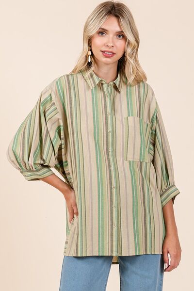 Mittoshop Striped Bubble Sleeve Button Down Shirt Blouses