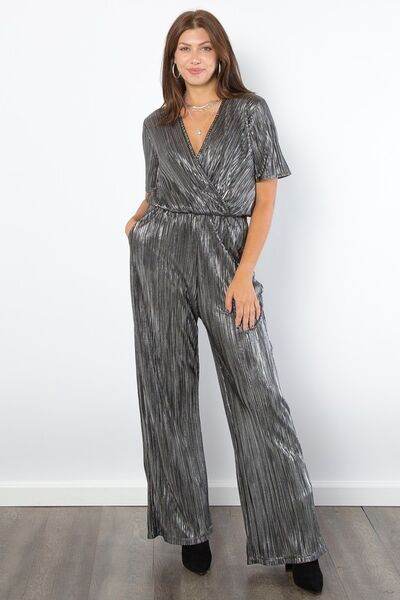 Be Stage Surplice Short Sleeve Pleated Foil Jumpsuit - Shop Style & More | Fresh Looks, Everyday Deals & Free Shipping
