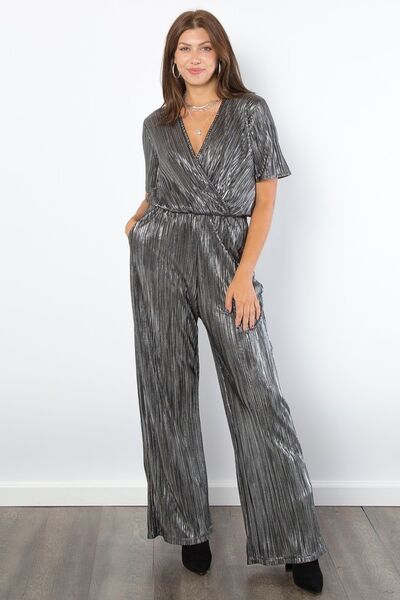 Be Stage Surplice Short Sleeve Pleated Foil Jumpsuit Silver Jumpsuits