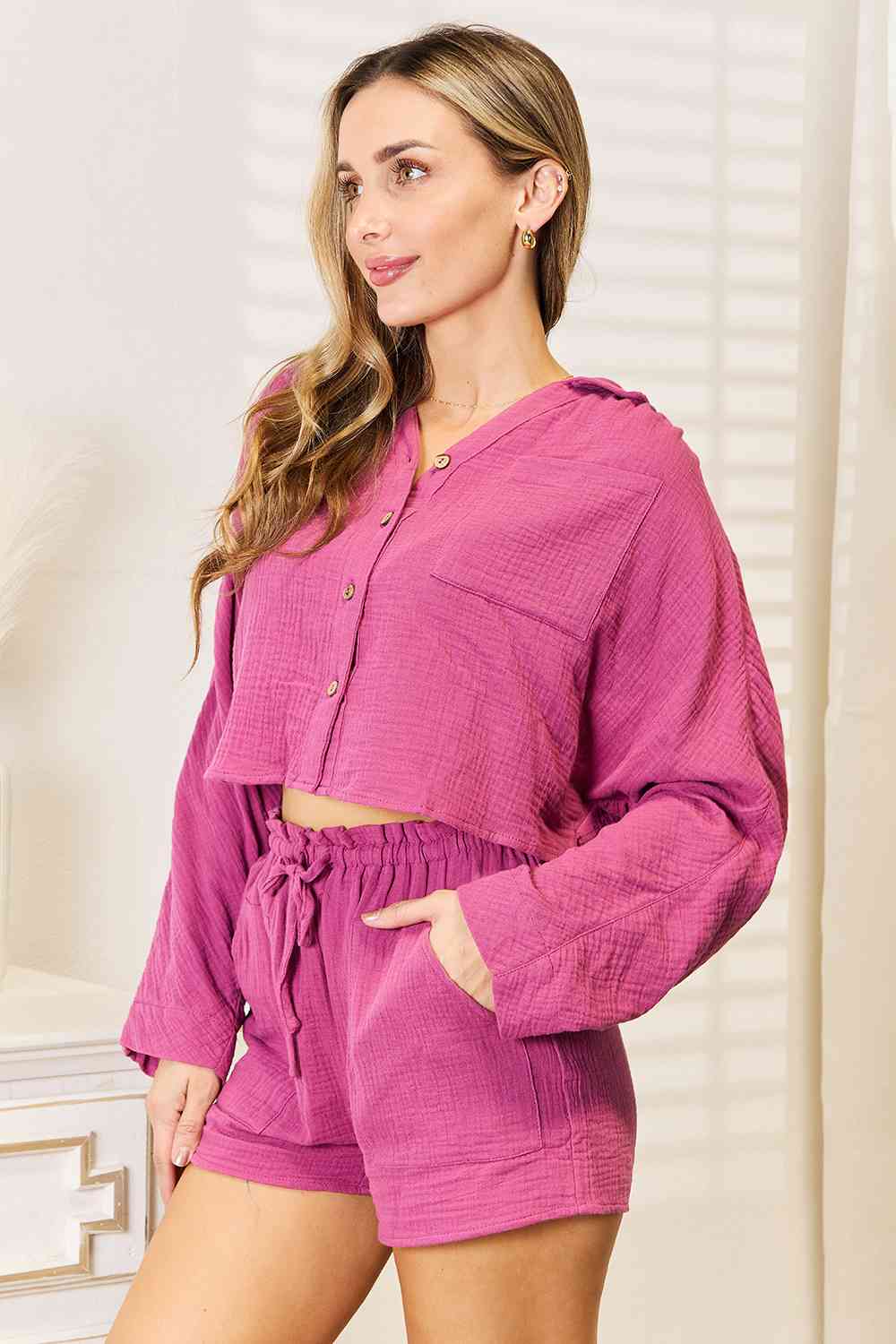 Basic Bae Buttoned Long Sleeve Top and Shorts Set Lounge Set