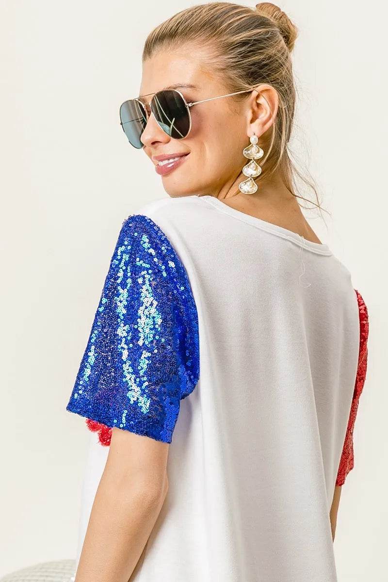 BiBi Metallic Letter V-neck Sequin Sleeves Top - Shop Style & More | Fresh Looks, Everyday Deals & Free Shipping