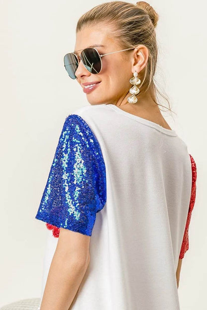 BiBi Metallic Letter V-neck Sequin Sleeves Top - Shop Style & More | Fresh Looks, Everyday Deals & Free Shipping