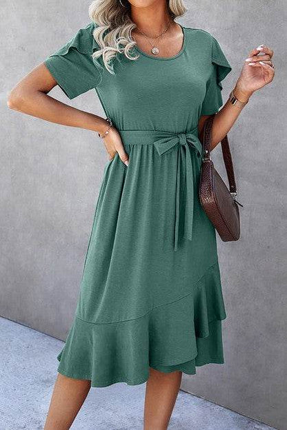 Petal Sleeve Ruffle Trim Wrap Belted Midi Dress - Shop Style & More | Fresh Looks, Everyday Deals & Free Shipping