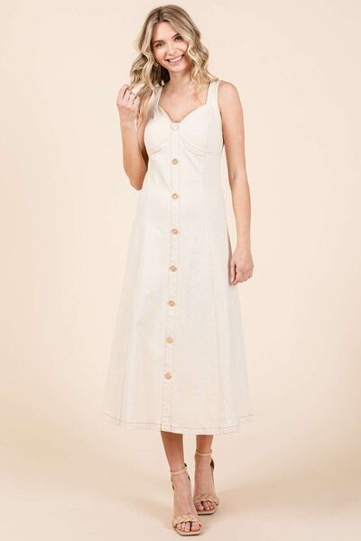 Mittoshop Stretch Twill Decor Button Sleeveless Midi Dress Casual Dresses