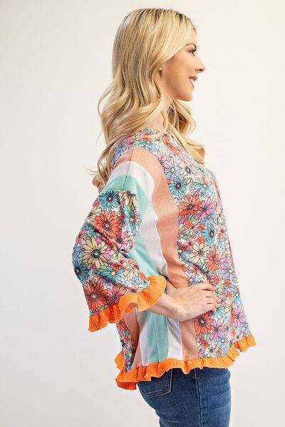 Celeste Full Size Ruffle Sleeve Floral Color Block Top Plus Size Blouses