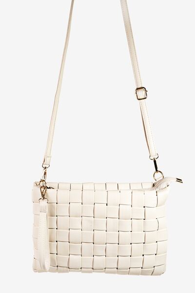 Fame Faux Leather Basket Weave Crossbody Bag Ivory One Size Bags