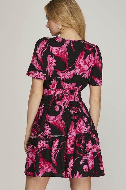 She + Sky Full Size Printed Notched Short Sleeve Frill Tiered Dress Plus Size - Shop Style & More | Fresh Looks, Everyday Deals & Free Shipping