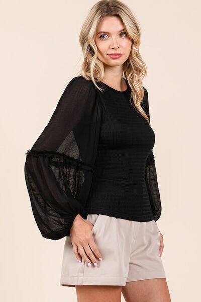 Mittoshop Mixed Media Textured Knit Chiffon Long Sleeve Top Blouses