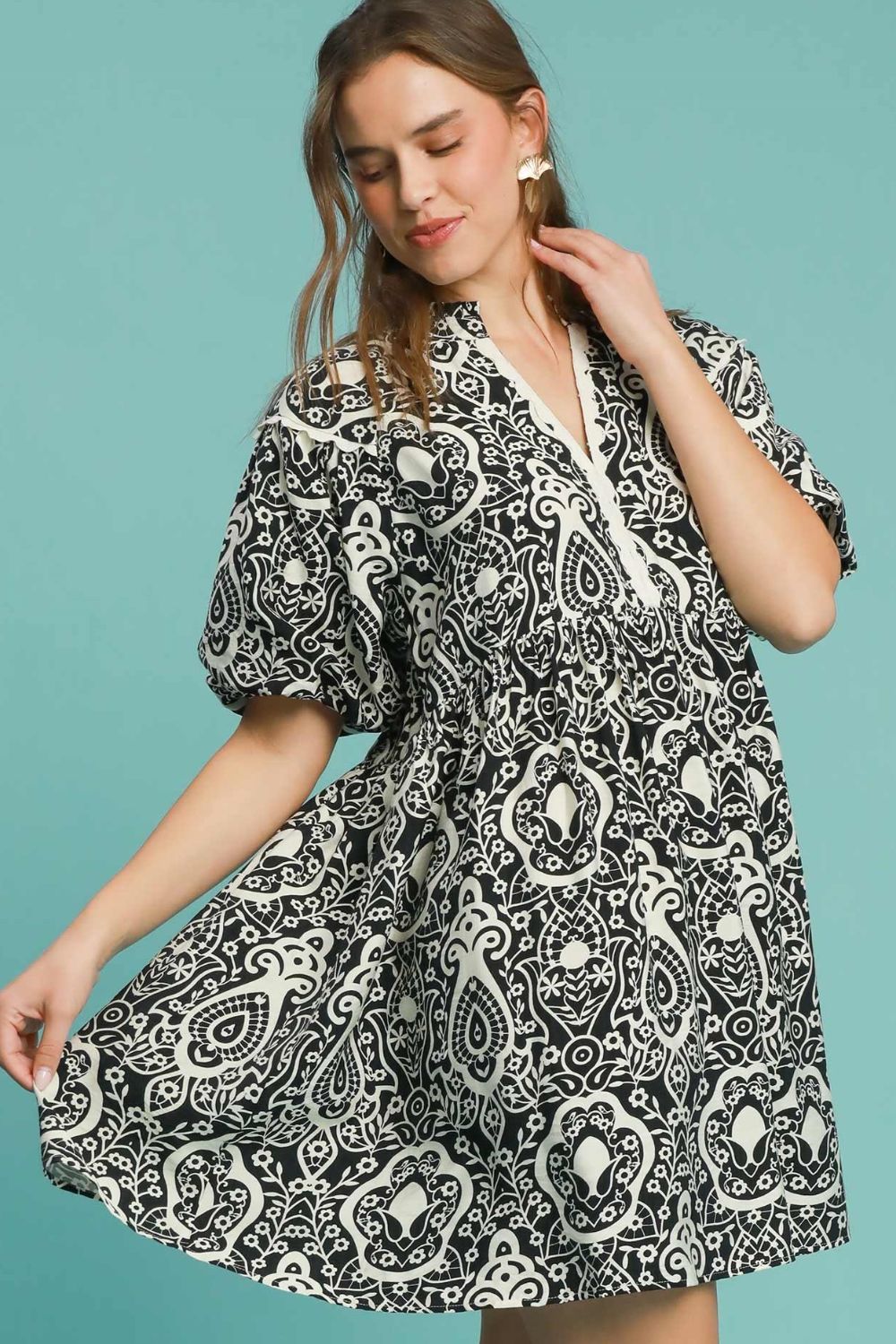 Umgee Full Size Abstract Print Puff Sleeve Dress Plus Size Casual Dresses